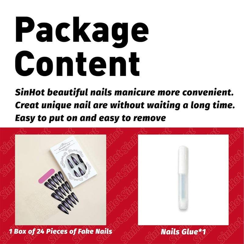 SINHOT Press on Nails Long Stiletto Fake Nails Glossy Glue on Nails Goth Black Acrylic Nail Sharp Almond Artificial Nail Purple Ombre Aura Stick on False Nail with Design 24 pcs - Image 4